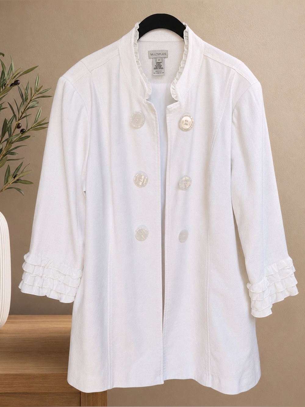 Multiples White Linen Blend Ruffle Trim Jacket Pearl Button XL